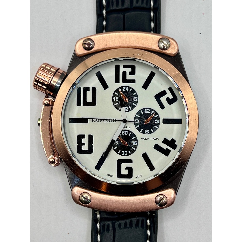 NWOT Emporio Watch NO.8975 Black/Rose Gold New Chronograph Canteen Crown